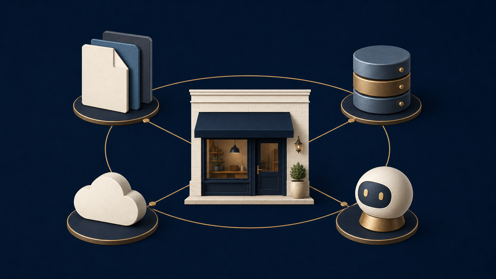 A small business storefront connected to website files, Cloudflare hosting, a database, and an AI assistant.